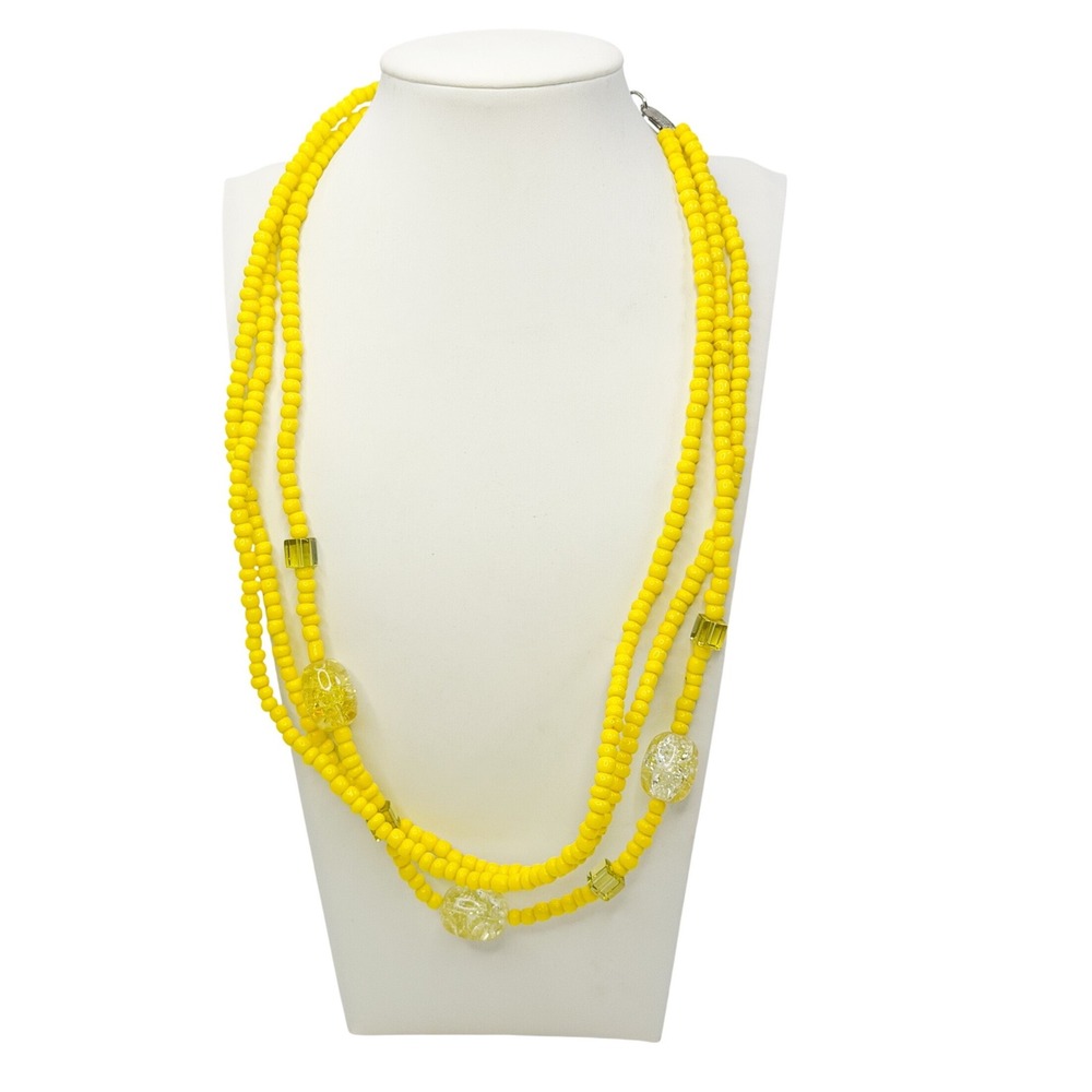 Yellow Multi-Strand Beaded Statement Necklace Seed Bead Silver Tone Coastal Boho